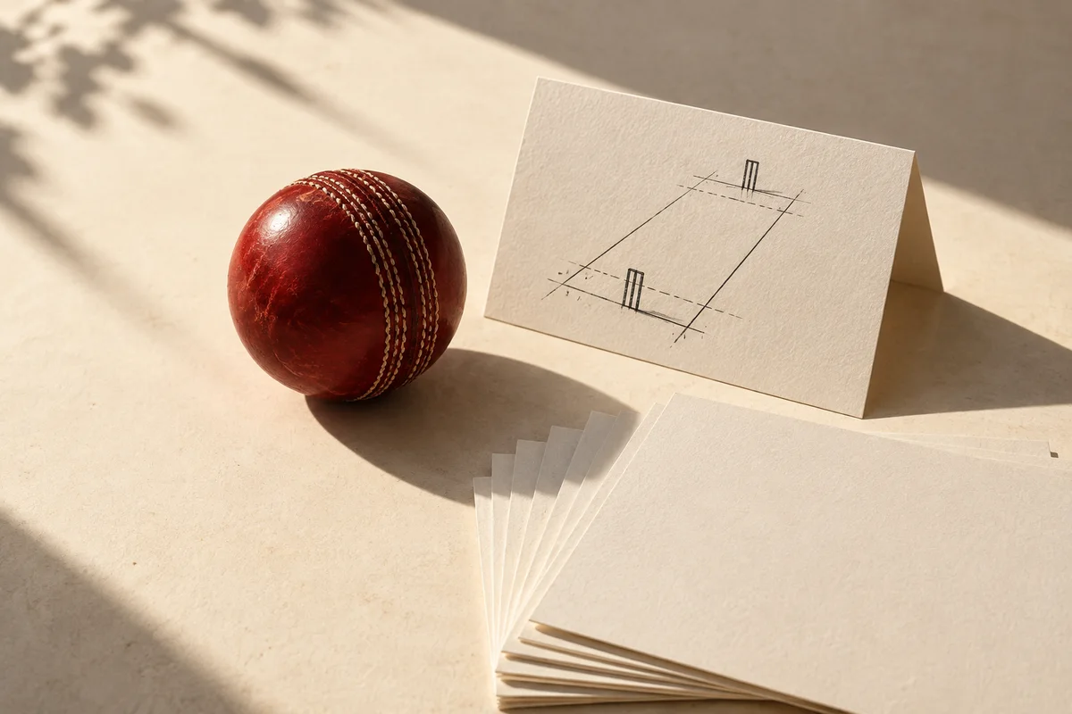 Conceptual still life of a red cricket ball, a pitch sketch and blank calendar pages.