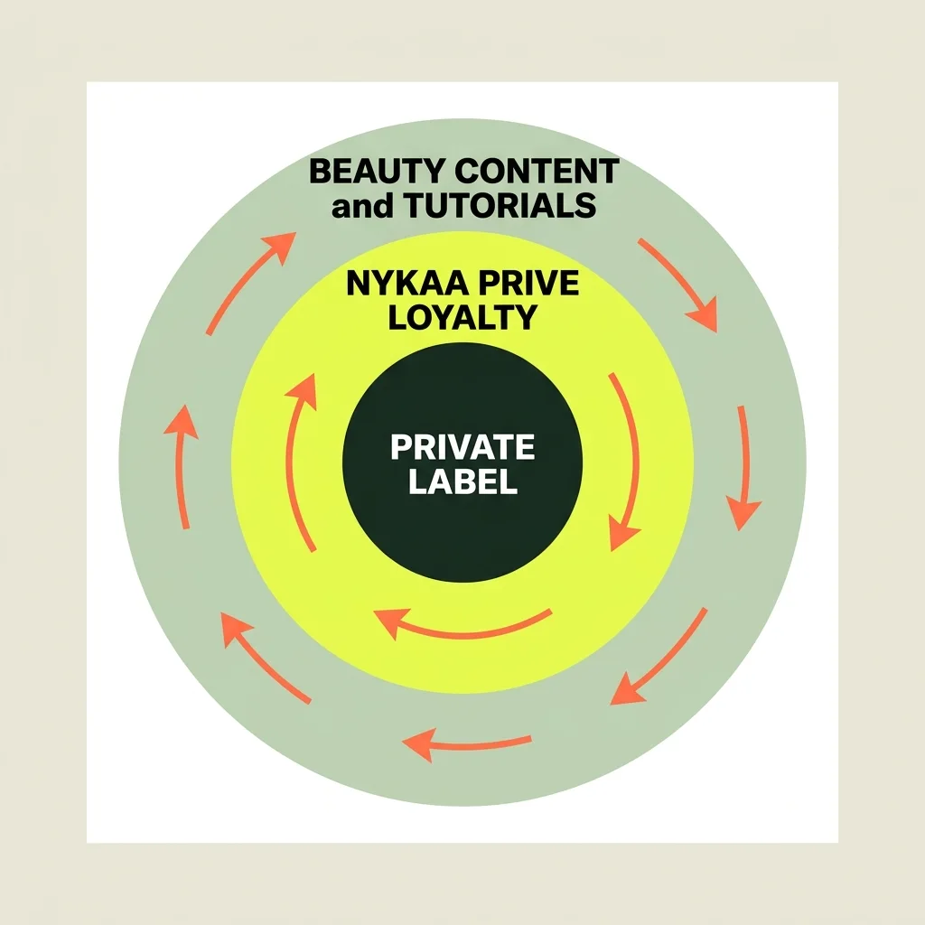 Original three-ring flywheel diagram showing how Nykaa's beauty content, Prive loyalty and private label products reinforce each other