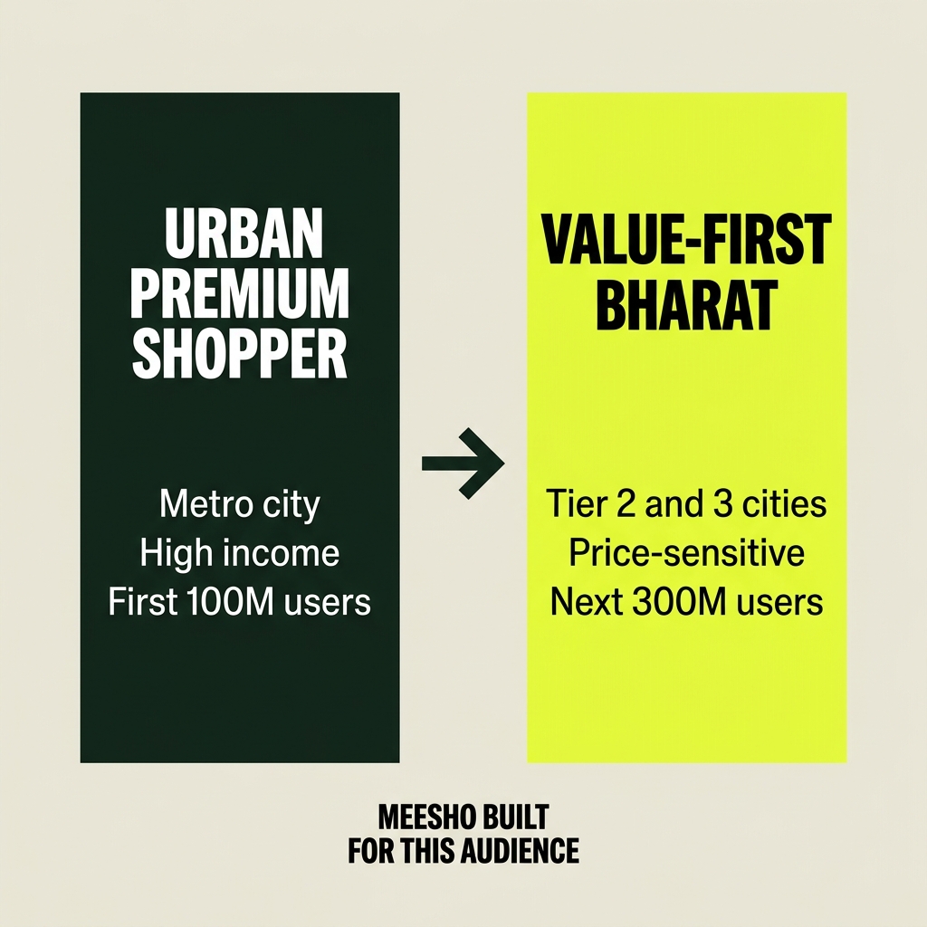 Original diagram contrasting the urban premium shopper segment with the value-first Bharat segment Meesho targets