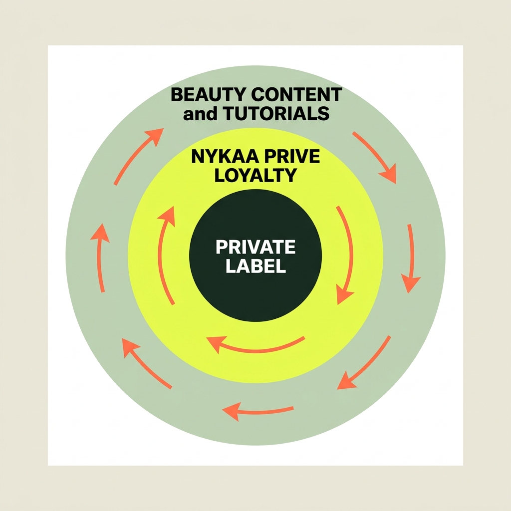 Original three-ring flywheel diagram showing how Nykaa's beauty content, Prive loyalty and private label products reinforce each other