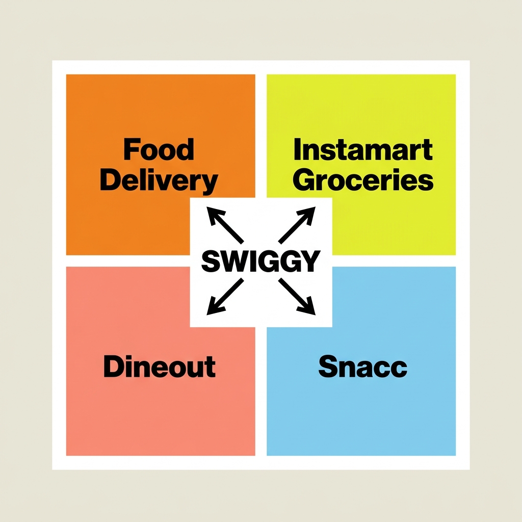 Original diagram showing Swiggy's four consumer touchpoints across a single day: food, groceries, dining and quick snacks
